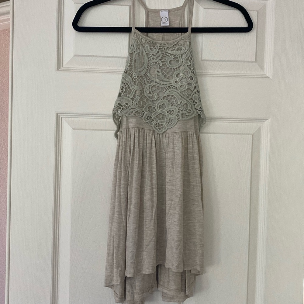 CY Fashion heathered oatmeal with lace top, oversized high back tank top.